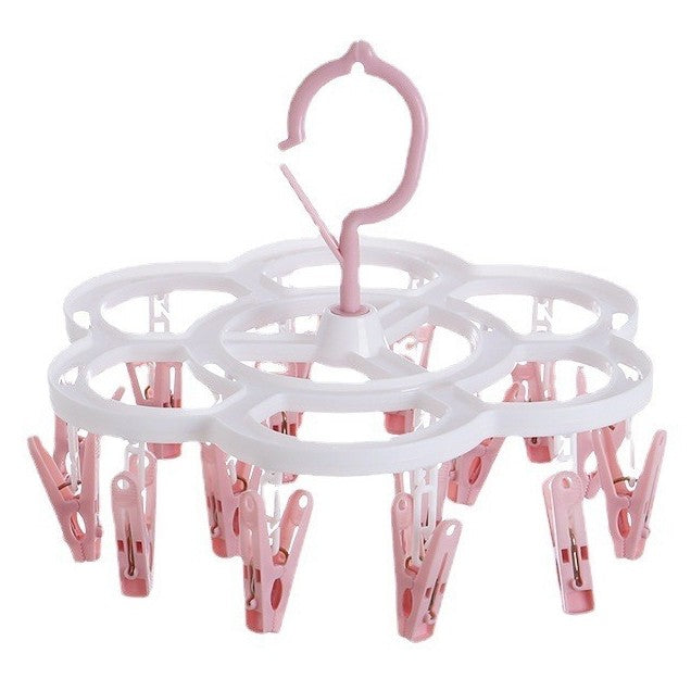 Uscator de Rufe Suspendat Klevo, cu 16 Carlige, Rotire 360 Grade, Mateiral Plastic, Usor de Depozitat, Multifunctional, 26 x 21 cm, Roz