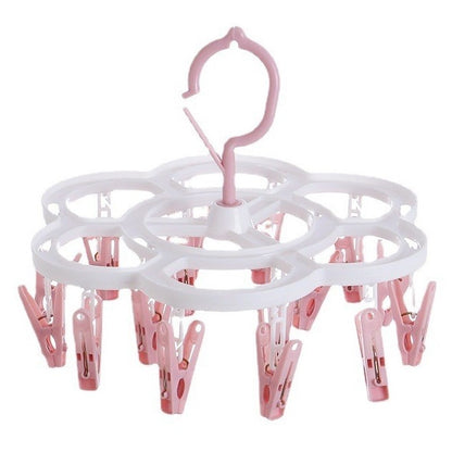 Uscator de Rufe Suspendat Klevo, cu 16 Carlige, Rotire 360 Grade, Mateiral Plastic, Usor de Depozitat, Multifunctional, 26 x 21 cm, Roz