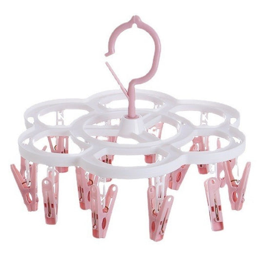 Uscator de Rufe Suspendat Klevo, cu 16 Carlige, Rotire 360 Grade, Mateiral Plastic, Usor de Depozitat, Multifunctional, 26 x 21 cm, Roz