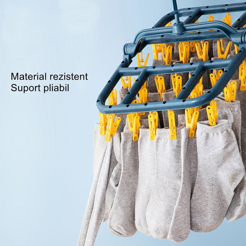 Uscator de Rufe Suspendat Klevo, cu 40 Carlige, Rotire 360 Grade, Protectie Vant, Pliabil, Patrat, Mateiral Plastic, Usor de Depozitat, Multifunctional, 36 x 24 cm, Albastru/Galben