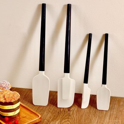 Ustensile de Bucatarie, Klevo, Set din 4 bucati, din Silicon si Lemn, Spatule de Diferite Dimensiuni, Termo rezistente, Antiaderente, Instrument de Amestecat in Bucatarie, Alb-Negru