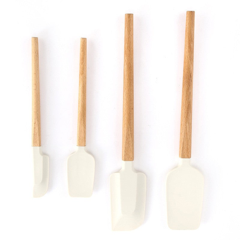 Ustensile de Bucatarie, Klevo, Set din 4 bucati, din Silicon si Lemn, Spatule de Diferite Dimensiuni, Termo rezistente, Antiaderente, Instrument de Amestecat in Bucatarie, Alb-Maro