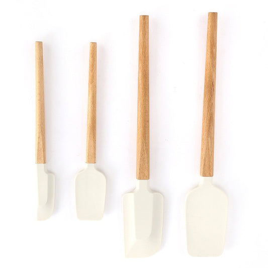 Ustensile de Bucatarie, Klevo, Set din 4 bucati, din Silicon si Lemn, Spatule de Diferite Dimensiuni, Termo rezistente, Antiaderente, Instrument de Amestecat in Bucatarie, Alb-Maro