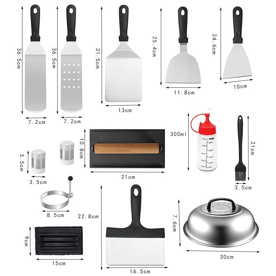 Ustensile pentru Gratar, Klevo, Set din 17 Ustensile pentru Gratar cu Preparare de tip Plita, Ustensile din Otel Inoxidabil cu Manere din Plastic PP, cu Geanta, Negru