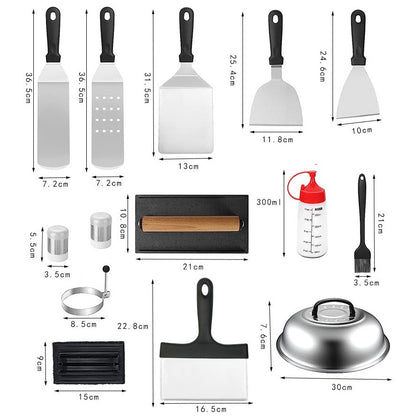 Ustensile pentru Gratar, Klevo, Set din 17 Ustensile pentru Gratar cu Preparare de tip Plita, Ustensile din Otel Inoxidabil cu Manere din Plastic PP, cu Geanta, Negru