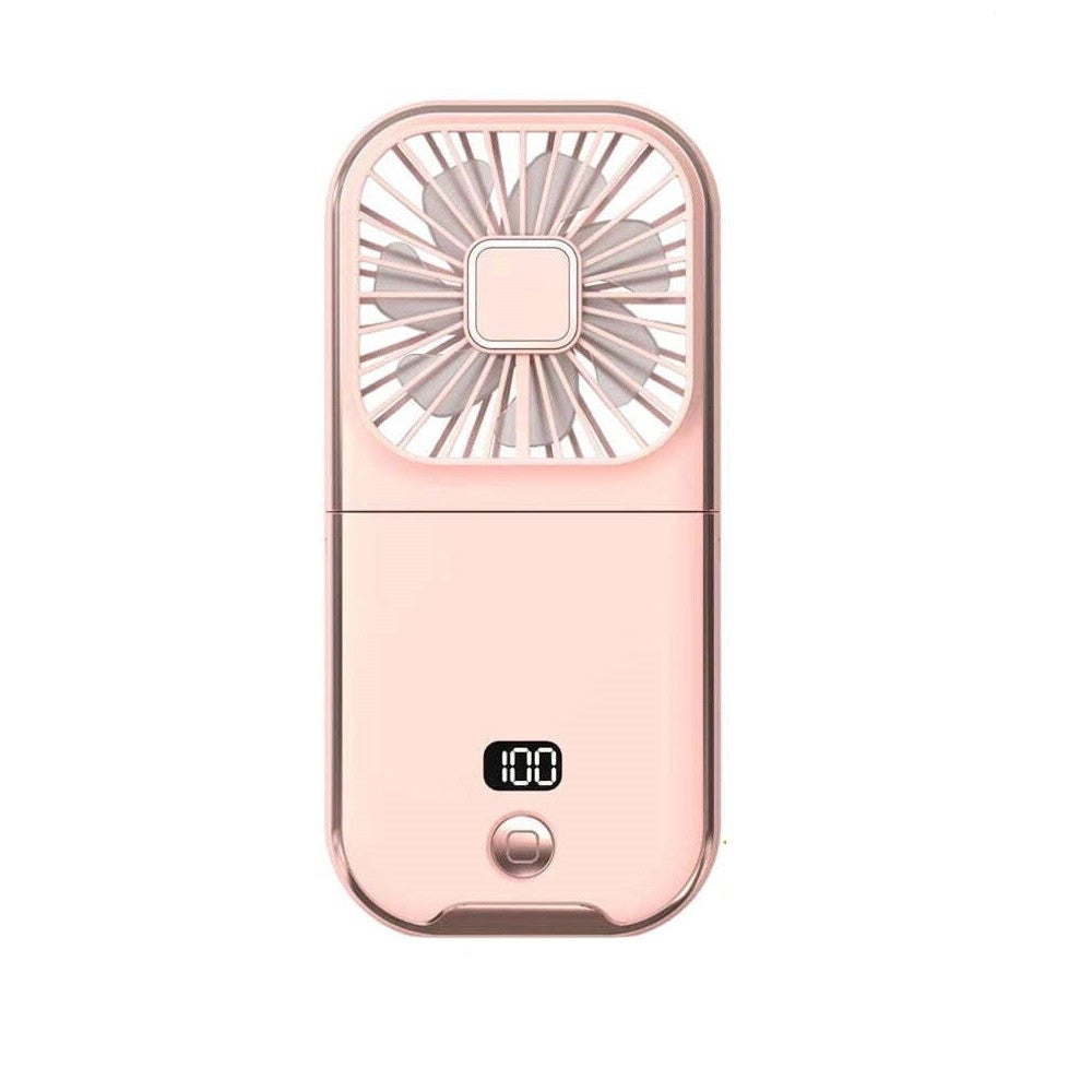 Ventilator Portabil Klevo, 3 in 1, de Mana, de Gat, de Birou, 16.7 x 8 x 1.9 cm, 3 Trepte de Viteza, Incarcare USB, Pliabil, Afisaj Digital, Suport Telefon, Roz