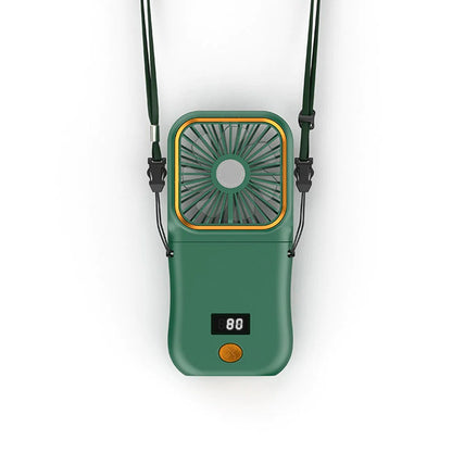 Ventilator Portabil Klevo, 3 in 1, de Mana, de Gat, de Birou, 16.7 x 8 x 1.9 cm, 3 Trepte de Viteza, Incarcare USB, Pliabil, Afisaj Digital, Suport Telefon, Verde