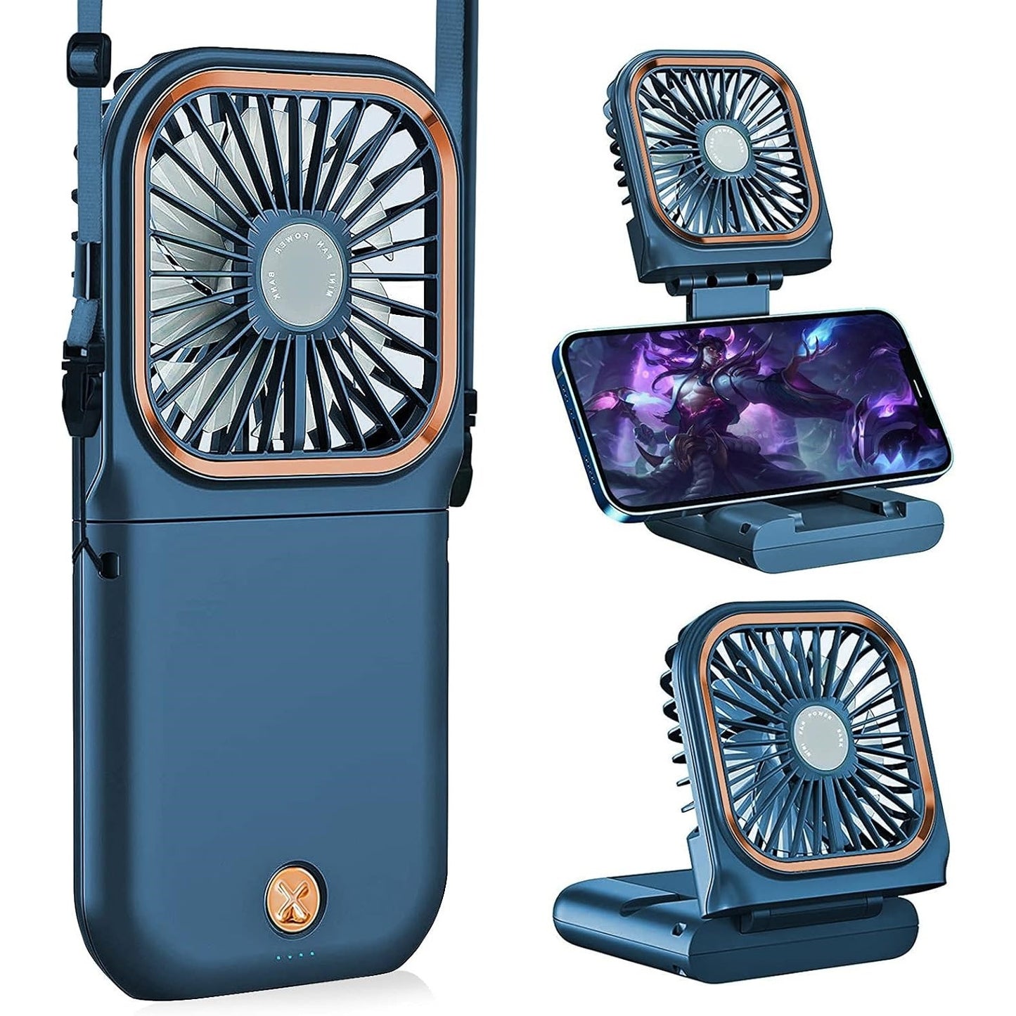 Ventilator Portabil Klevo, 3 in 1, de Mana, de Gat, de Birou, 16.7 x 8 x 1.9 cm, 3 Trepte de Viteza, Incarcare USB, Pliabil, Afisaj Digital, Suport Telefon, Albastru