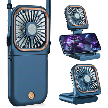 Ventilator Portabil Klevo, 3 in 1, de Mana, de Gat, de Birou, 16.7 x 8 x 1.9 cm, 3 Trepte de Viteza, Incarcare USB, Pliabil, Afisaj Digital, Suport Telefon, Albastru