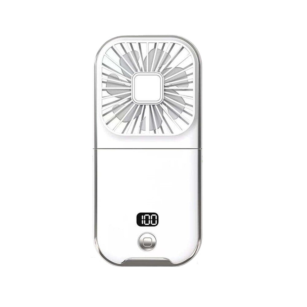 Ventilator Portabil Klevo, 3 in 1, de Mana, de Gat, de Birou, 16.7 x 8 x 1.9 cm, 3 Trepte de Viteza, Incarcare USB, Pliabil, Afisaj Digital, Suport Telefon, Alb
