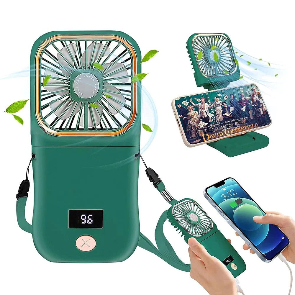Ventilator Portabil Klevo, 3 in 1, de Mana, de Gat, de Birou, 16.7 x 8 x 1.9 cm, 3 Trepte de Viteza, Incarcare USB, Pliabil, Afisaj Digital, Suport Telefon, Verde