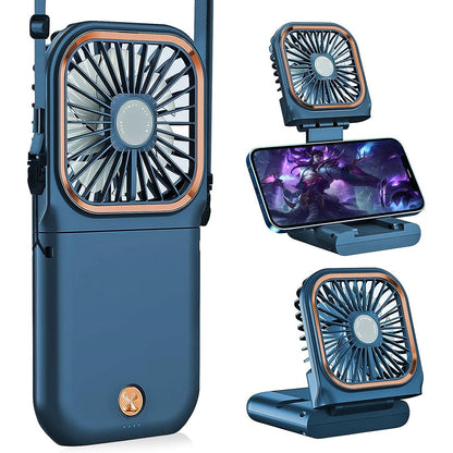 Ventilator Portabil Klevo, 3 in 1, de Mana, de Gat, de Birou, 16.7 x 8 x 1.9 cm, 3 Trepte de Viteza, Incarcare USB, Pliabil, Afisaj Digital, Suport Telefon, Albastru