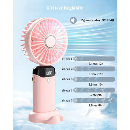 Ventilator Ultra Portabil cu Aromaterapie, Klevo, 3 in 1, de Mana, de Birou, de Gat, 5 Trepte de Viteza, Incarcare USB, Autonomie 12h, Pliabil, cu Ecran LCD, Roz