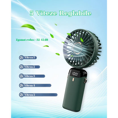 Ventilator Ultra Portabil cu Aromaterapie, Klevo, 3 in 1, de Mana, de Birou, de Gat, 5 Trepte de Viteza, Incarcare USB, Autonomie 12h, Pliabil, cu Ecran LCD, Verde
