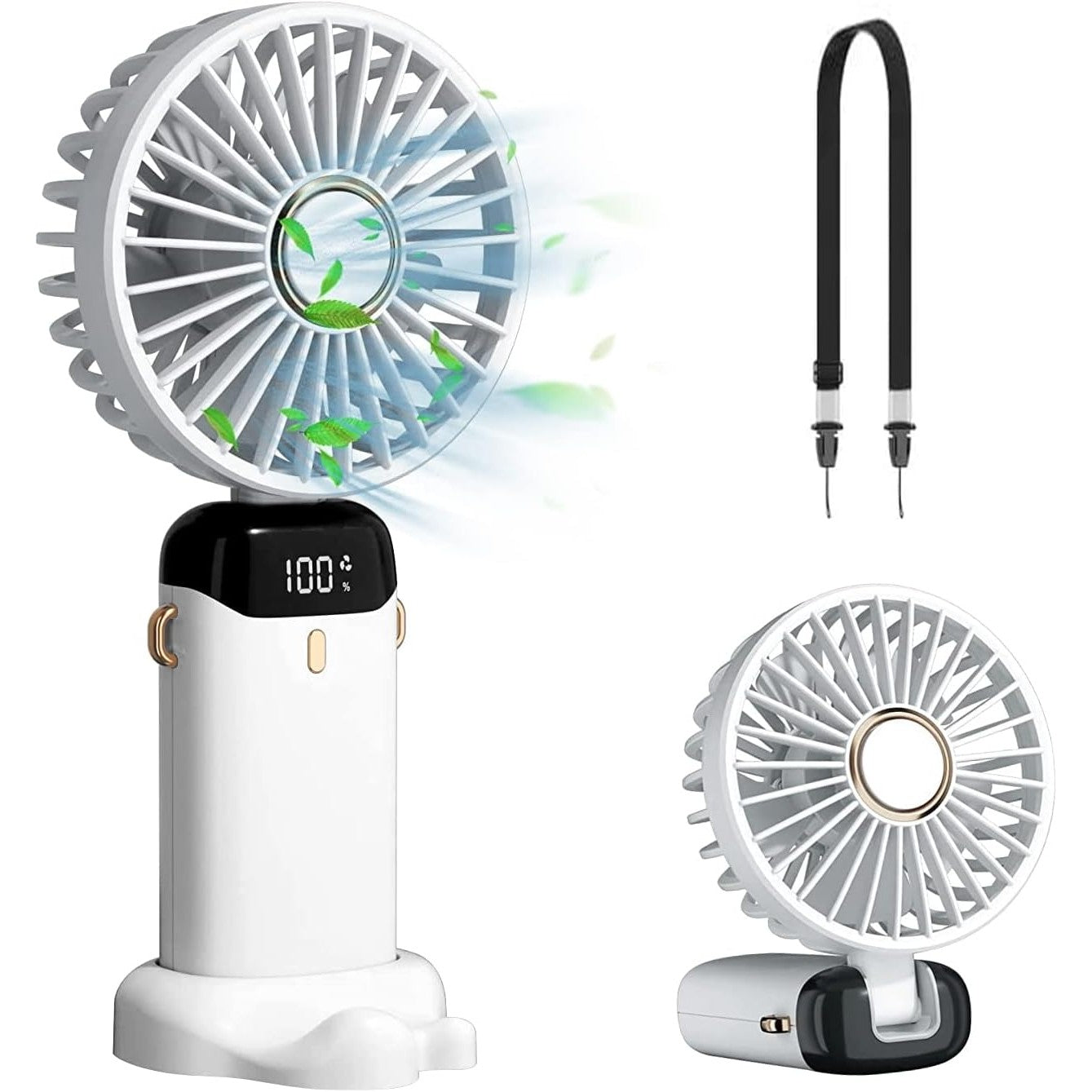 Ventilator Ultra Portabil cu Aromaterapie, Klevo, 3 in 1, de Mana, de Birou, de Gat, 5 Trepte de Viteza, Incarcare USB, Autonomie 12h, Pliabil, cu Ecran LCD, Alb