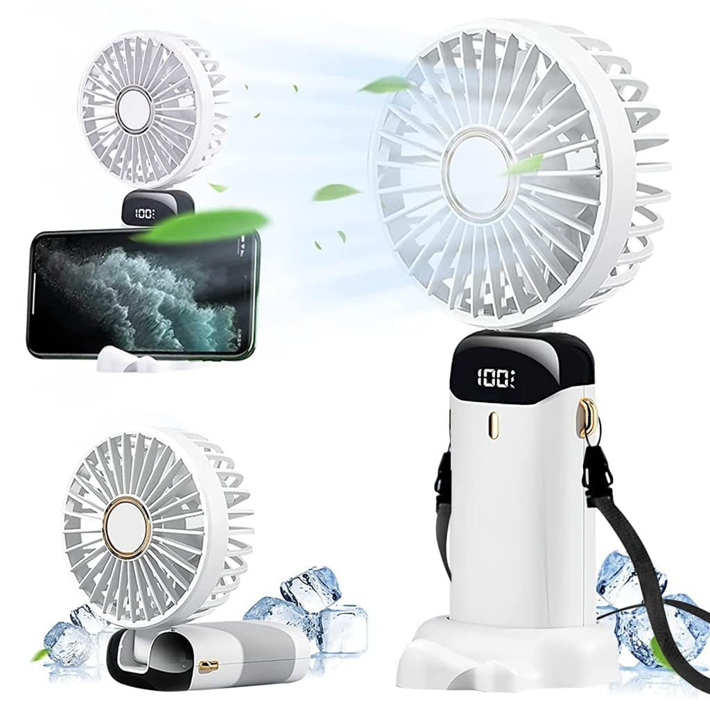Ventilator Ultra Portabil cu Aromaterapie, Klevo, 3 in 1, de Mana, de Birou, de Gat, 5 Trepte de Viteza, Incarcare USB, Autonomie 12h, Pliabil, cu Ecran LCD, Alb