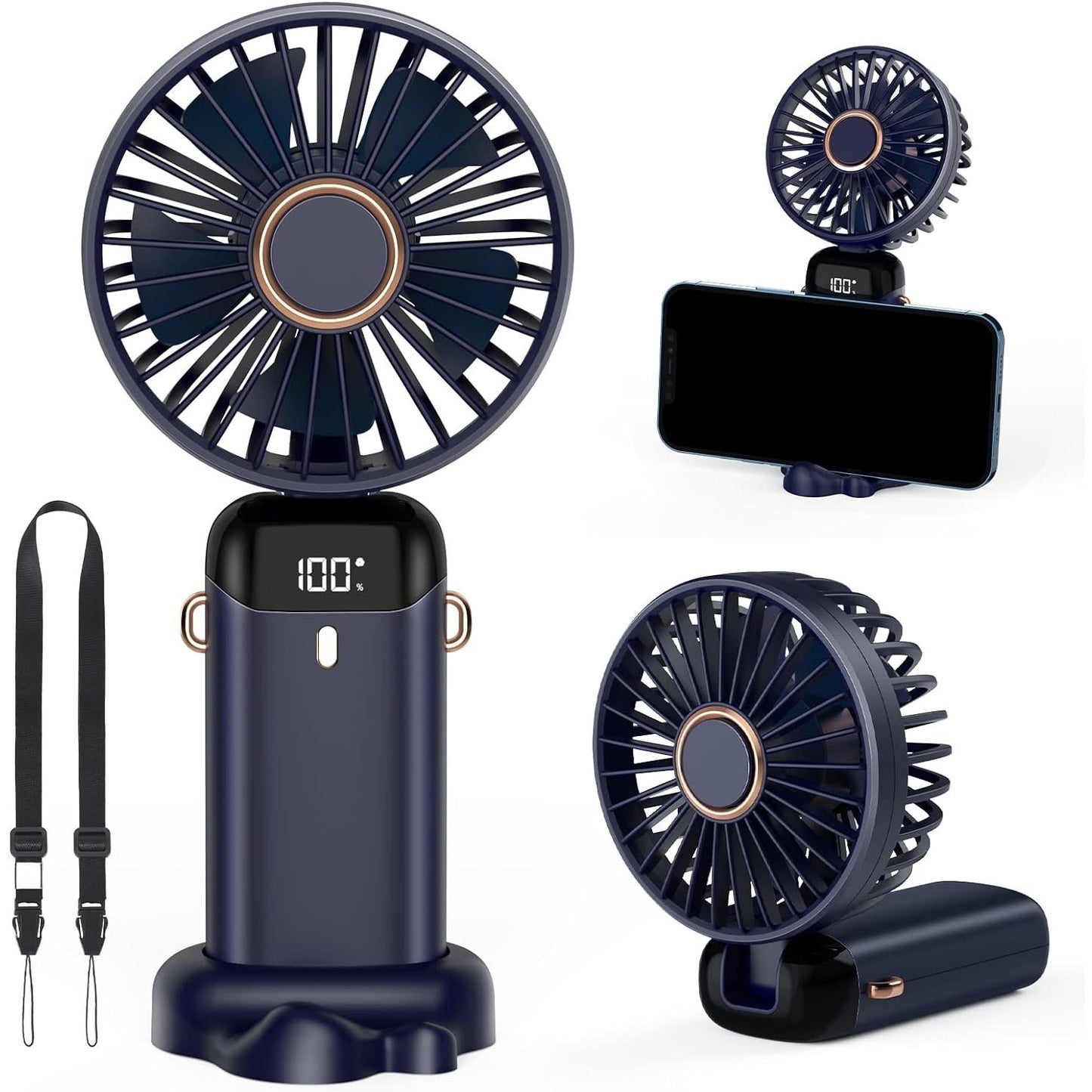 Ventilator Ultra Portabil cu Aromaterapie, Klevo, 3 in 1, de Mana, de Birou, de Gat, 5 Trepte de Viteza, Incarcare USB, Autonomie 12h, Pliabil, cu Ecran LCD, Albastru