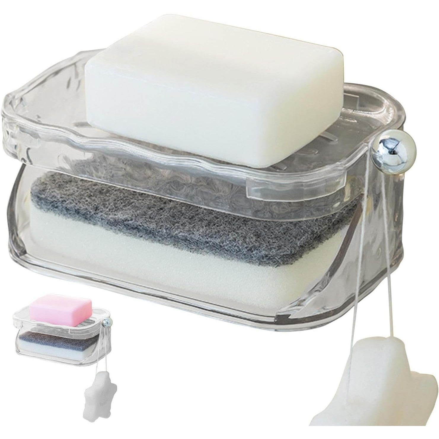 Savoniera Dubla, Klevo, 2 Straturi, Instalare fara Perforare, Agatatoare Burete, 13.5 x 8.5 x 6 cm, Transparent