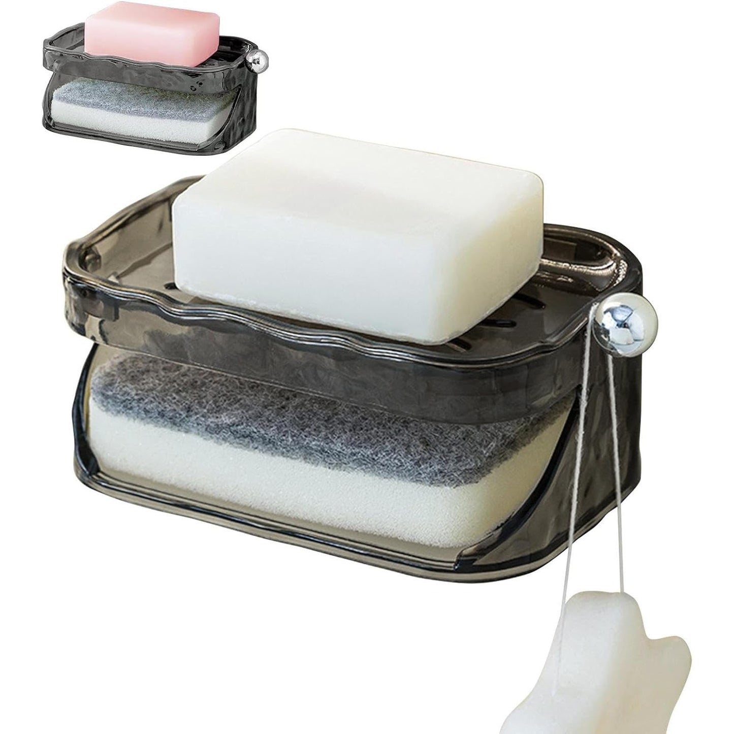 Savoniera Dubla, Klevo, 2 Straturi, Instalare fara Perforare, Agatatoare Burete, 13.5 x 8.5 x 6 cm, Gri