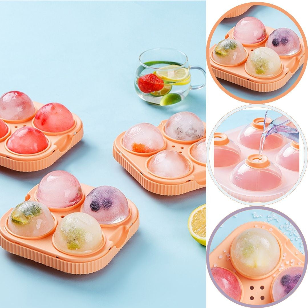 Forma Sfere de Gheata pentru Wiskey si Cocktail-uri Klevo, 4 Sfere, Material Plastic/Silicon Alimentar, Diametru 6.5 cm, cu Orificiu Tip Palnie pentru Umplere, 17 x 17 x 7 cm, Portocaliu