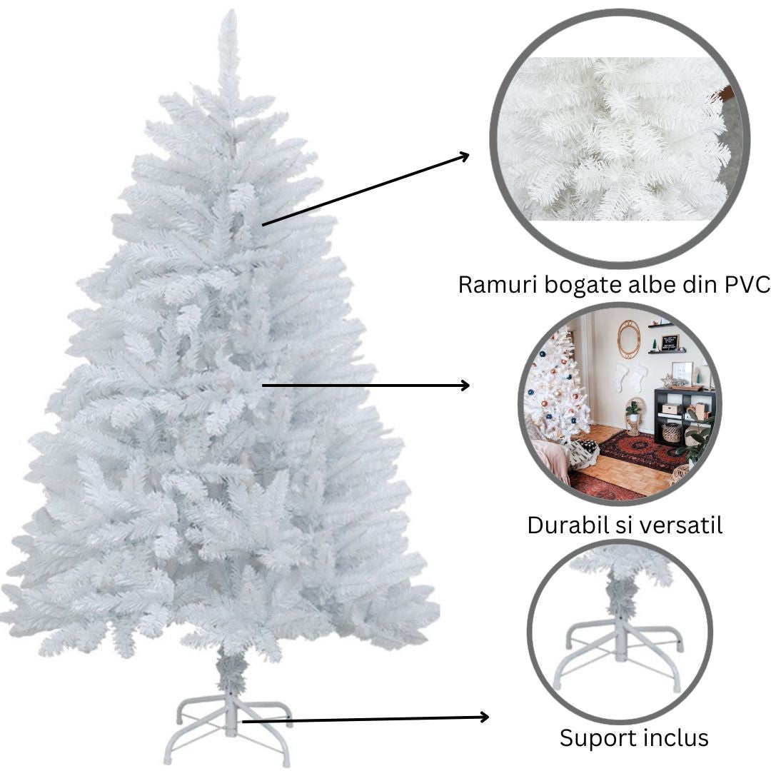 Brad de Craciun artificial cu suport inclus Klevo, 120 cm, 240 ramuri/varfuri, material plastic, suport clasic, fara iluminare, utilizat pentru interior/exterior, alb