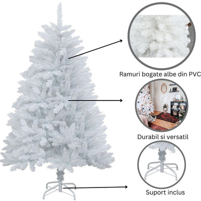 Brad de Craciun artificial cu suport inclus Klevo, 120 cm, 240 ramuri/varfuri, material plastic, suport clasic, fara iluminare, utilizat pentru interior/exterior, alb
