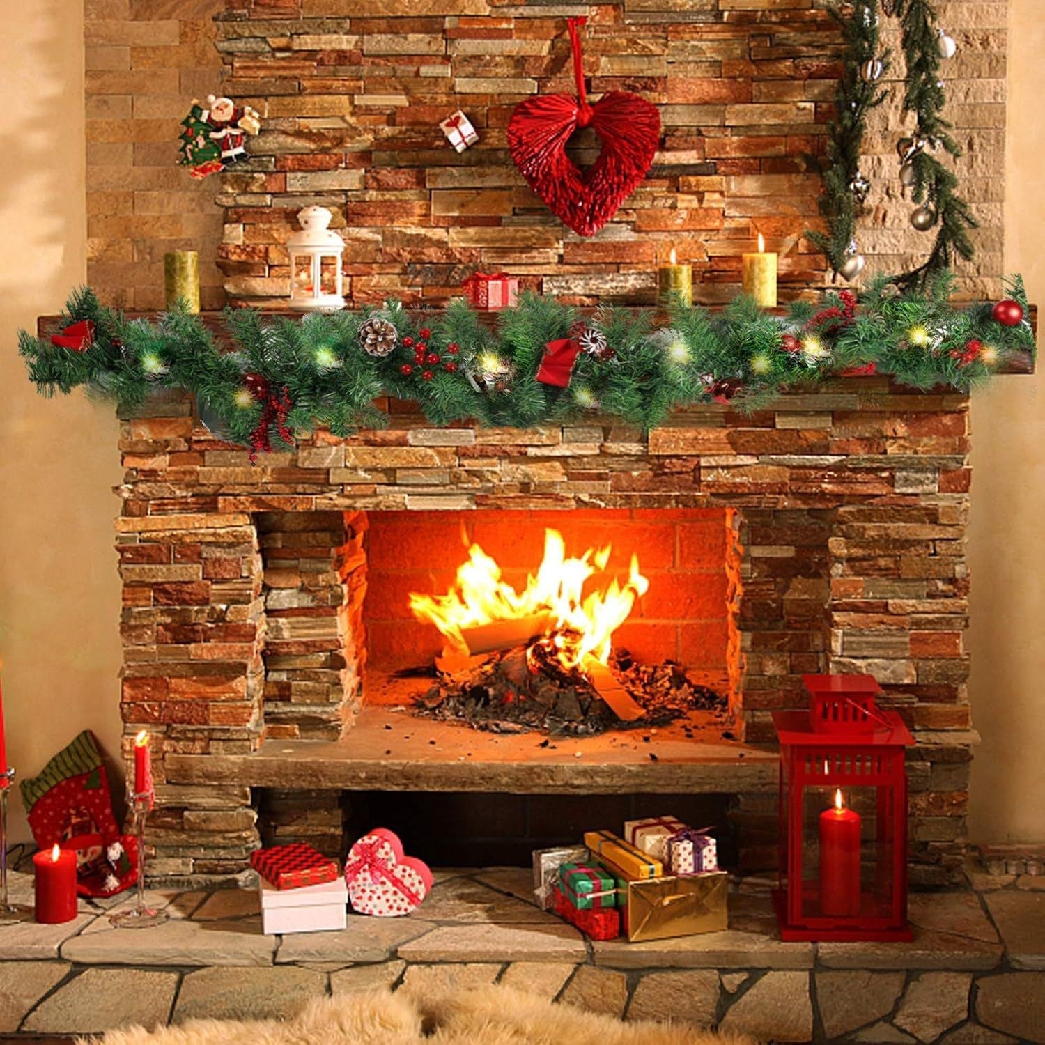 Ghirlanda de Craciun, Klevo, din Brad Artificial cu Decoratiuni, cu Baterii, 30 LED-uri, 180 cm, Verde