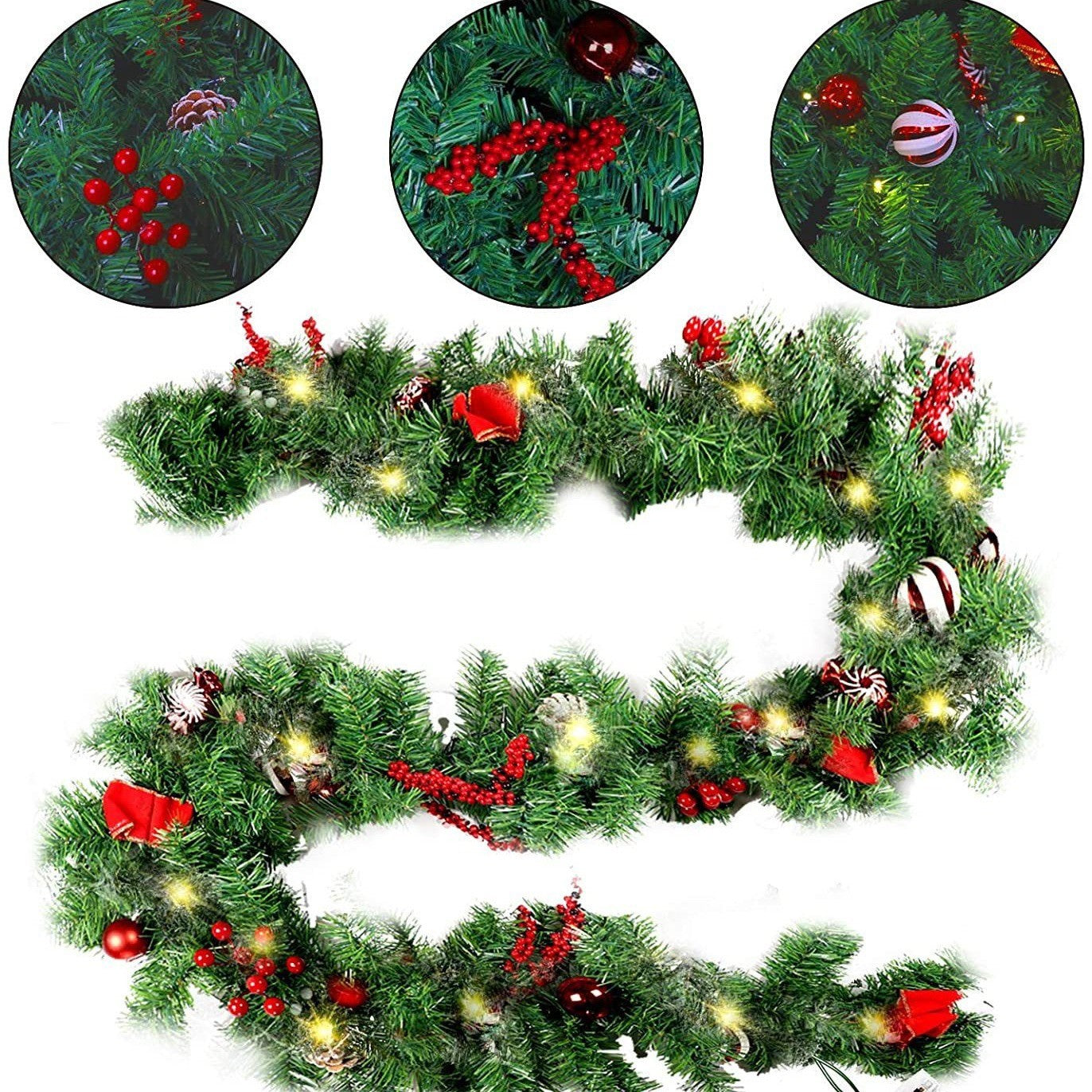 Ghirlanda de Craciun, Klevo, din Brad Artificial cu Decoratiuni, cu Baterii, 30 LED-uri, 180 cm, Verde