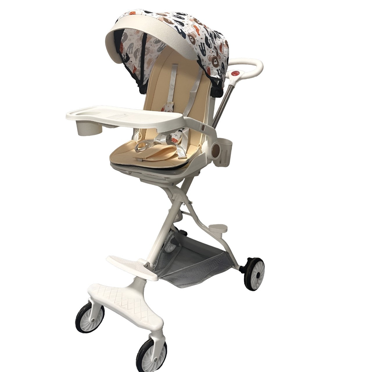 Carucior Sport Klevo 3in1, 6-36 Luni, Reversibil, Pliabil, Tavita pentru Masa, Pozitie de Somn, Centura de Siguranta, Roti 360, Suport Pahar, Copertina pentru Soare, 32x63x95cm, Crem Model Jungla