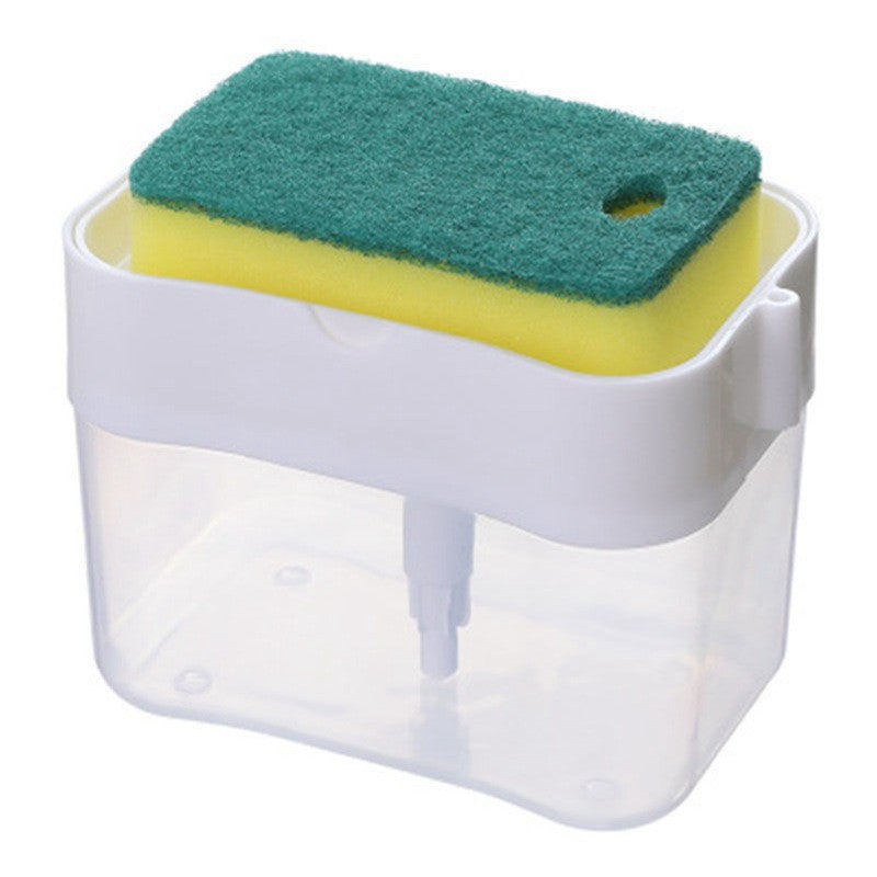 Dozator Klevo, Dispenser 2 in 1 pentru Detergent Lichid de Vase sau pentru Obiecte Sanitare cu Suport pentru Burete de Bucatarie ,14 x 10.5 x 10 cm, capacitate 380 ml, alb