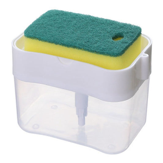 Dozator Klevo, Dispenser 2 in 1 pentru Detergent Lichid de Vase sau pentru Obiecte Sanitare cu Suport pentru Burete de Bucatarie ,14 x 10.5 x 10 cm, capacitate 380 ml, alb