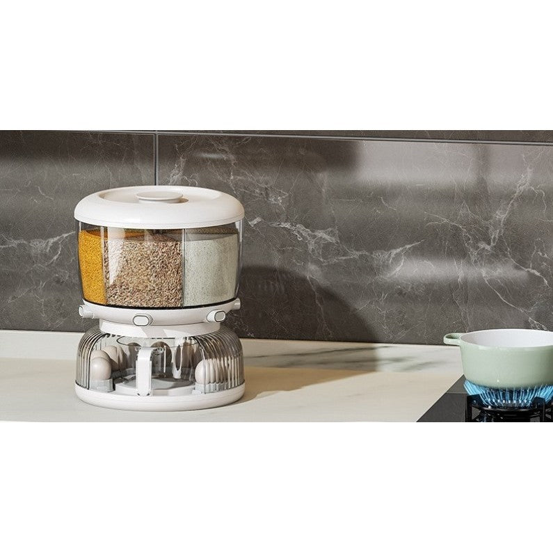 Dozator etajat de cereale Klevo, rotativ 360, 6 compartimente, capacitate 10L, cofrag special pentru oua, vas pentru scurgerea cerealelor, 35x27.5 cm, alb