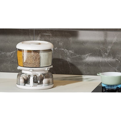 Dozator etajat de cereale Klevo, rotativ 360, 6 compartimente, capacitate 10L, cofrag special pentru oua, vas pentru scurgerea cerealelor, 35x27.5 cm, alb