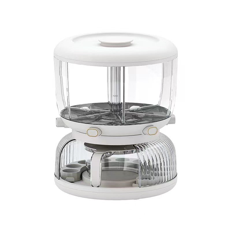 Dozator etajat de cereale Klevo, rotativ 360, 6 compartimente, capacitate 10L, cofrag special pentru oua, vas pentru scurgerea cerealelor, 35x27.5 cm, alb