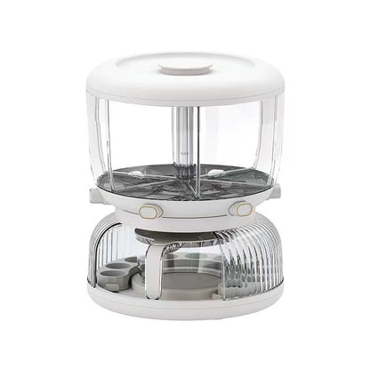 Dozator etajat de cereale Klevo, rotativ 360, 6 compartimente, capacitate 10L, cofrag special pentru oua, vas pentru scurgerea cerealelor, 35x27.5 cm, alb