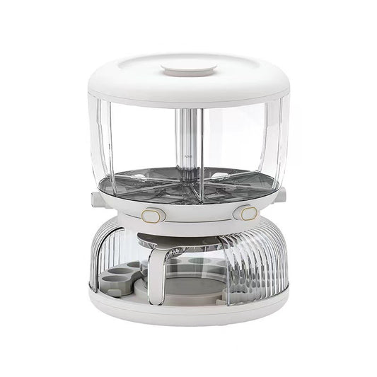 Dozator etajat de cereale Klevo, rotativ 360, 6 compartimente, capacitate 10L, cofrag special pentru oua, vas pentru scurgerea cerealelor, 35x27.5 cm, alb