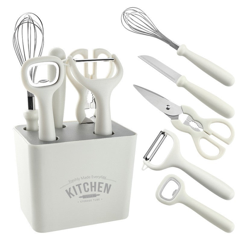 Set 6 ustensile bucatarie Klevo, cu suport inclus, desfacator, curatator legume, foarfeca, cutit, tel, ABS si inox, alb