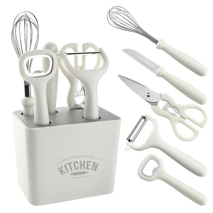 Set 6 ustensile bucatarie Klevo, cu suport inclus, desfacator, curatator legume, foarfeca, cutit, tel, ABS si inox, alb