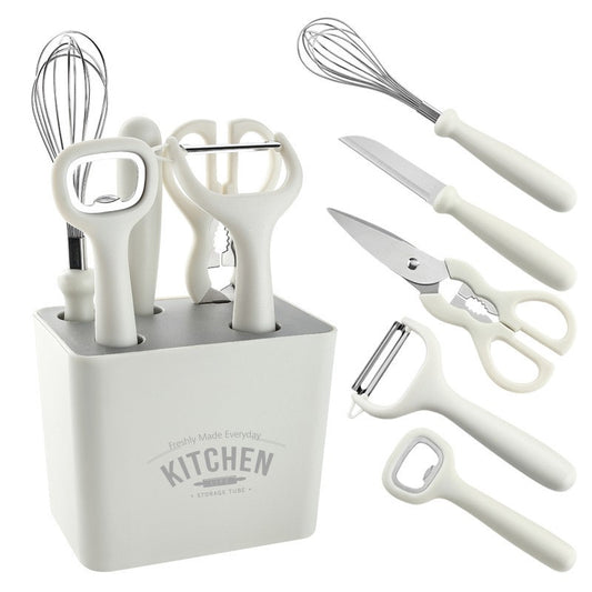 Set 6 ustensile bucatarie Klevo, cu suport inclus, desfacator, curatator legume, foarfeca, cutit, tel, ABS si inox, alb