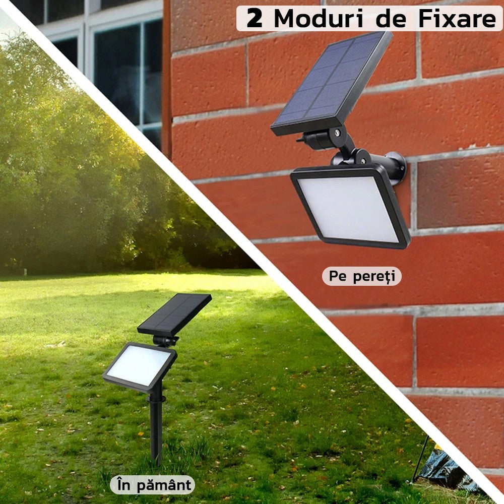 Lampa solara pentru terasa/gradina 48 de LED-uri Klevo, cu 2 moduri de fixare, senzor de lumina, IP44, material ABS, 5W, 80 lm, 26.5 cm x 14 cm, Alb Rece