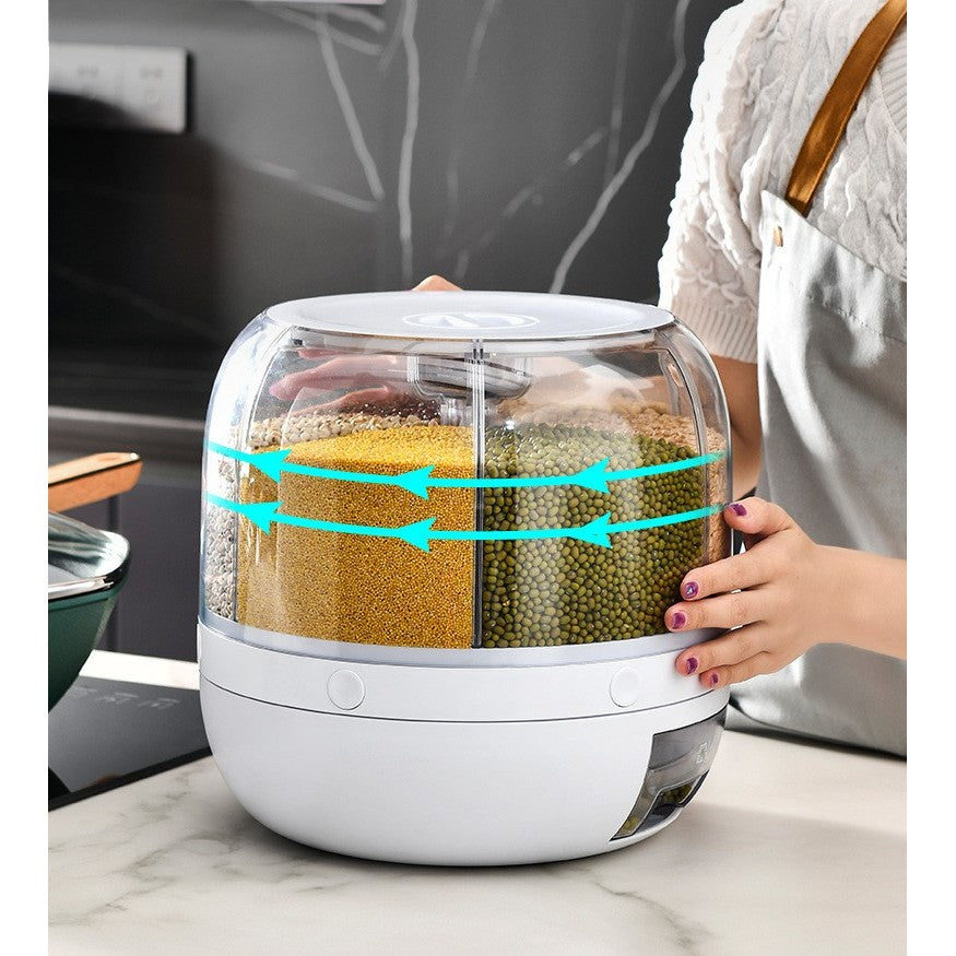Dozator de cereale Klevo, rotativ 360, 6 compartimente, capacitate 3 L, rezistent la umezeala, inchidere etansa, alb