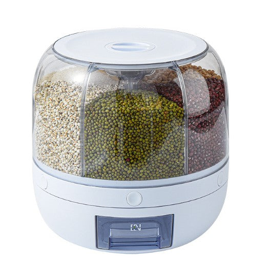 Dozator de cereale Klevo, rotativ 360, 6 compartimente, capacitate 3 L, rezistent la umezeala, inchidere etansa, alb