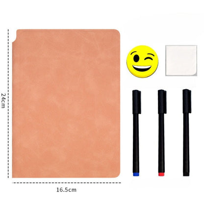 Set Agenda A5 Reutilizabila cu Pagini Tip Tabla, Agenda Pagini Albe cu Stergere Uscata, 3 Markere, 1 Burete și 1 Laveta de sters, Portabila, 24 x 16.5 cm, Coperta Piele, Roz Pal