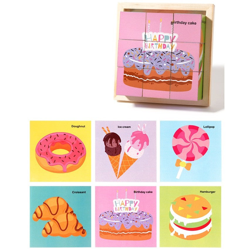 Puzzle din Lemn, Klevo, 9 Cuburi, 6 Fete, 4-6 Ani, 11 x 11 x 3.2 cm, Model Dulciuri, Multicolor