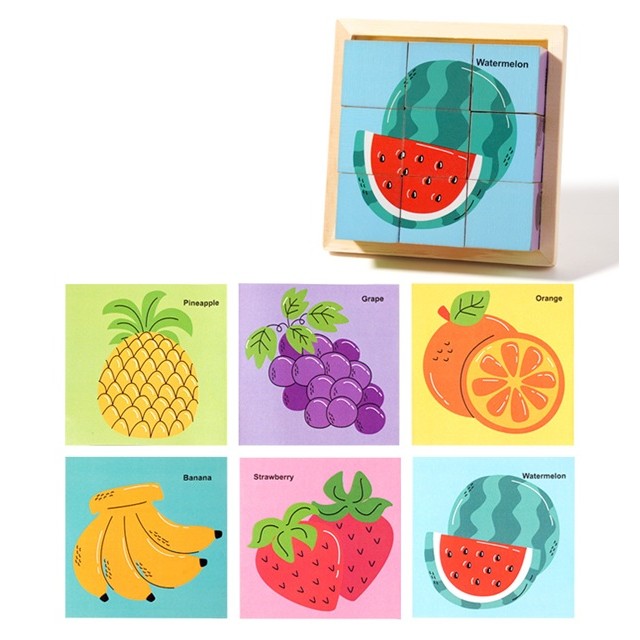 Puzzle din Lemn, Klevo, 9 Cuburi, 6 Fete, 4-6 Ani, 11 x 11 x 3.2 cm, Model Fructe, Multicolor