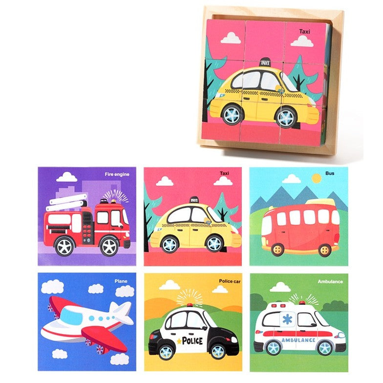 Puzzle din Lemn, Klevo, 9 Cuburi, 6 Fete, 4-6 Ani, 11 x 11 x 3.2 cm, Model Masini, Multicolor