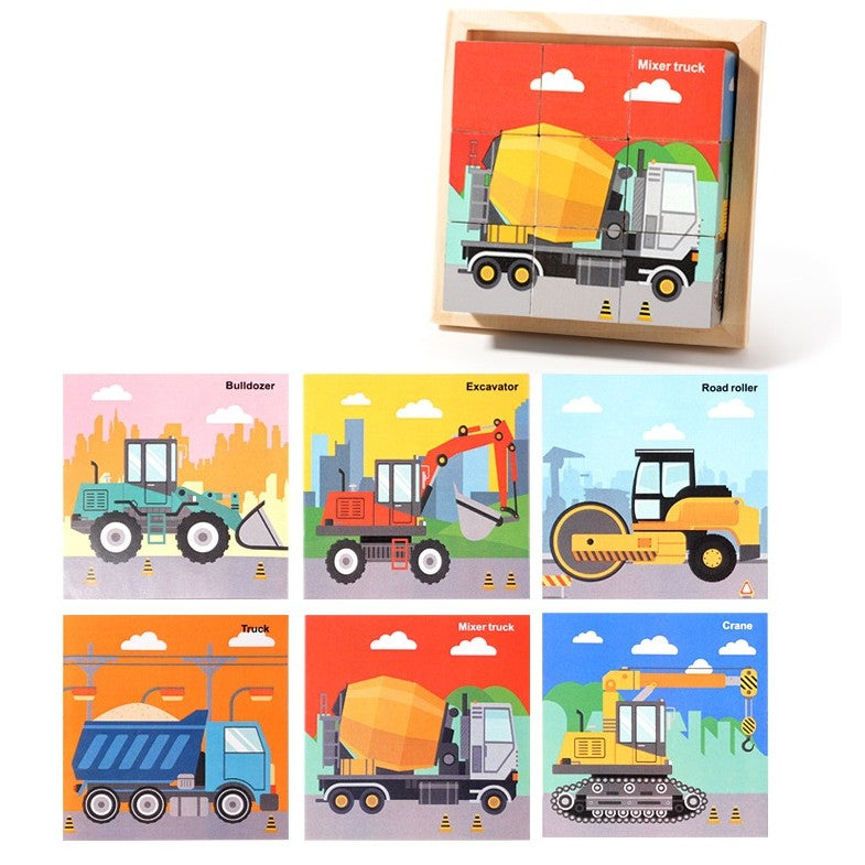 Puzzle din Lemn, Klevo, 9 Cuburi, 6 Fete, 4-6 Ani, 11 x 11 x 3.2 cm, Model Utilaje, Multicolor