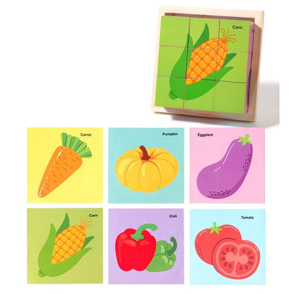 Puzzle din Lemn, Klevo, 9 Cuburi, 6 Fete, 4-6 Ani, 11 x 11 x 3.2 cm, Model Legume, Multicolor
