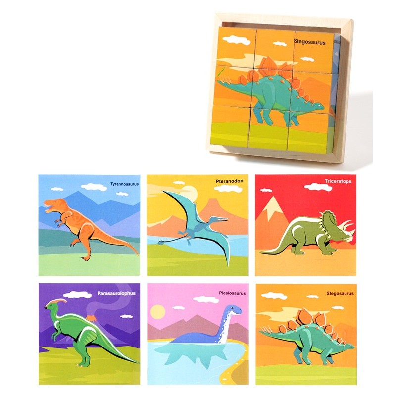 Puzzle din Lemn, Klevo, 9 Cuburi, 6 Fete, 4-6 Ani, 11 x 11 x 3.2 cm, Model Dinozauri, Multicolor