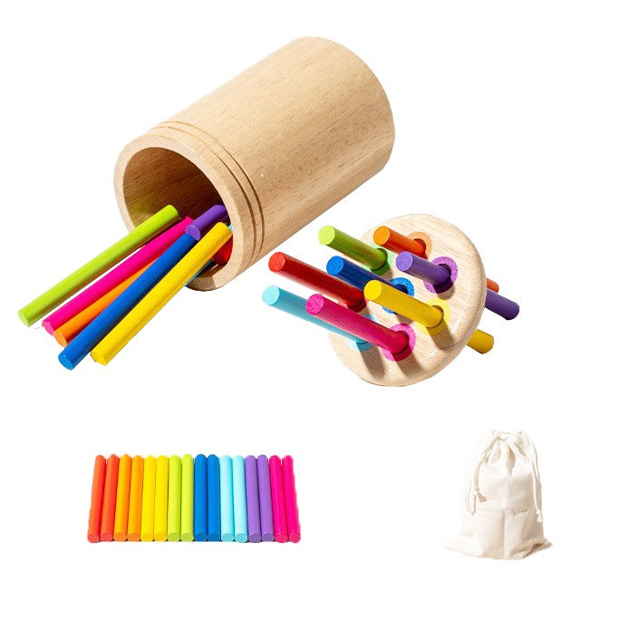 Jucarie Educativa Montessori din Lemn, 19 Piese, Klevo, Sortator cu Betisoare, Joc de Motricitate Fina pentru Copii, Varsta 2+ ani, Saculet Depozitare, 11.3 x 7 cm, Multicolor